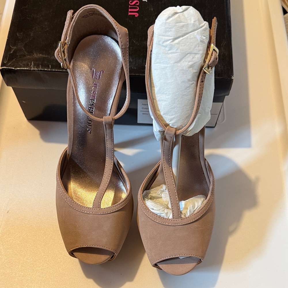 JustFab Nude T-Strap Peep-Toe Platform Heels